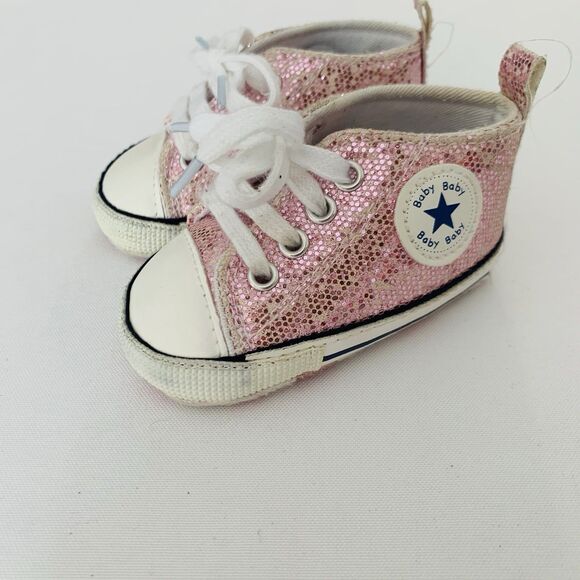 Converse-Style Baby Shoes Girl Pink Glitter Sparkle Size 1 Soft Sole Cute Cool - Picture 1 of 7